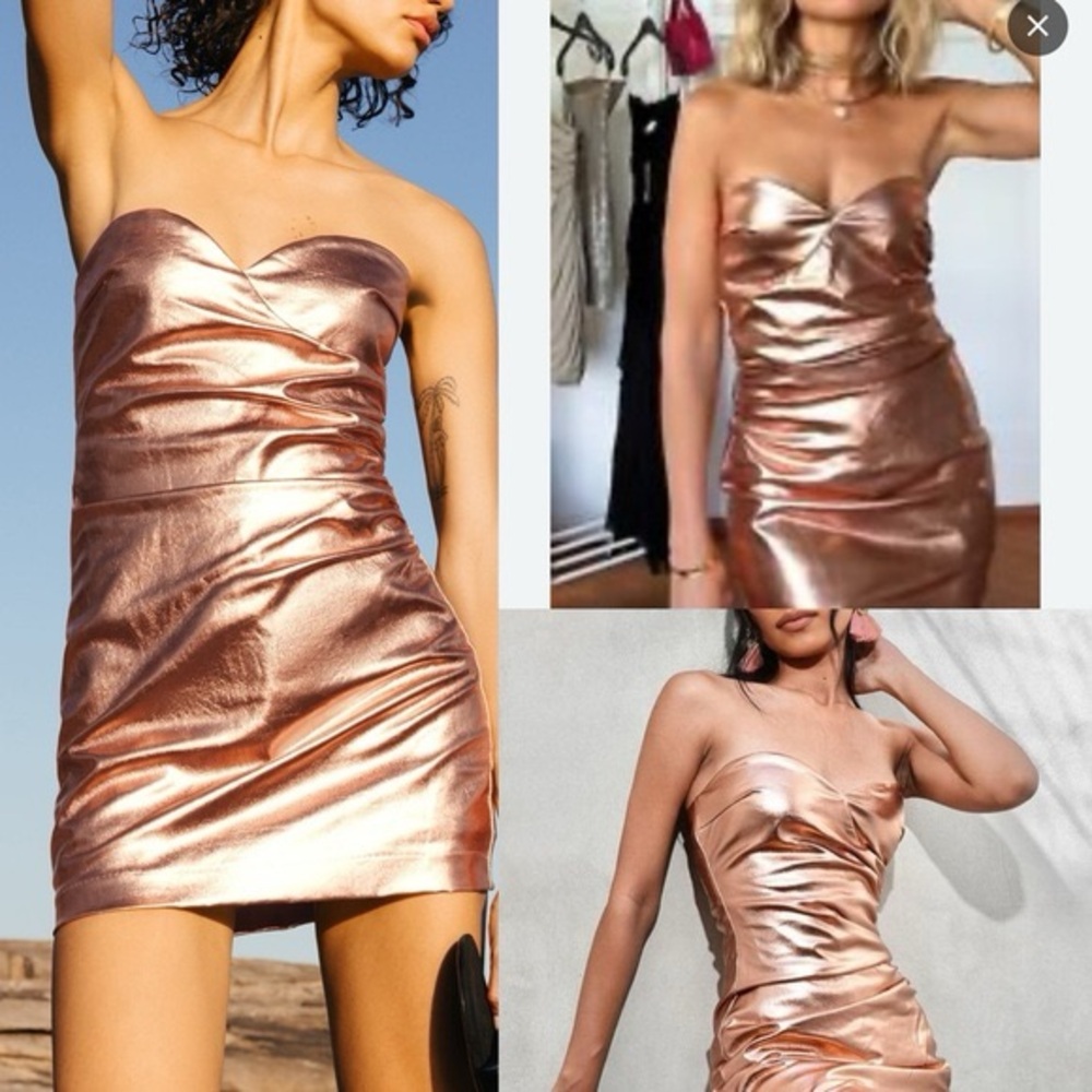 ZARA Copper Rose Gold Metallic Draped Dress romper Women's Small NWT Strapless